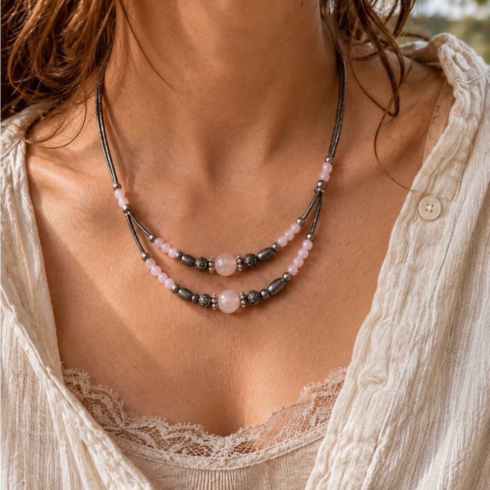Vintage Artisan Double Strand Rose Quartz Necklace coastal cowgirl boho